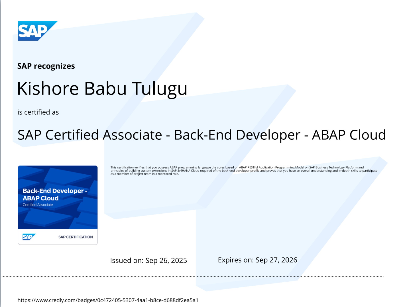 SAP CERTIFIED ASSOSIATE - BACKEND DEVELOPER WITH ABAP
